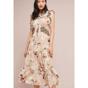 KACHEL ANTHROPOLOGIE Silk Sedona Sunrise Floral Maxi Midi Dress Tiered 6P $379